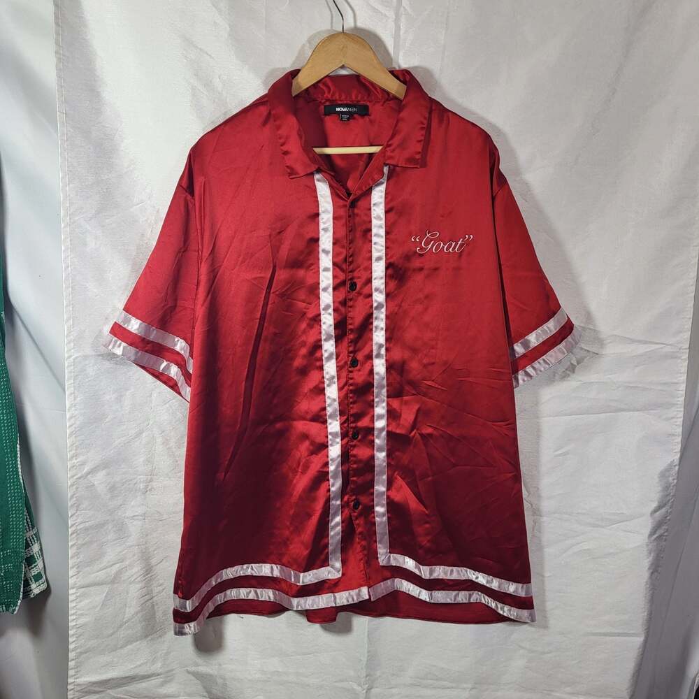 NovaMen Red Satin "Goat" Button Down Bowling Shirt XXL